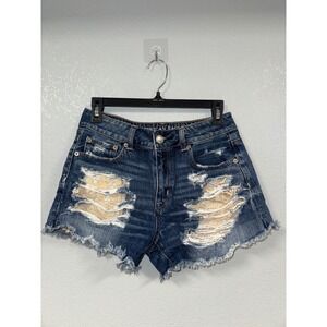 American Eagle Hi-Rise Festival Denim Shorts Dark Wash Lace Distressed Womens 4